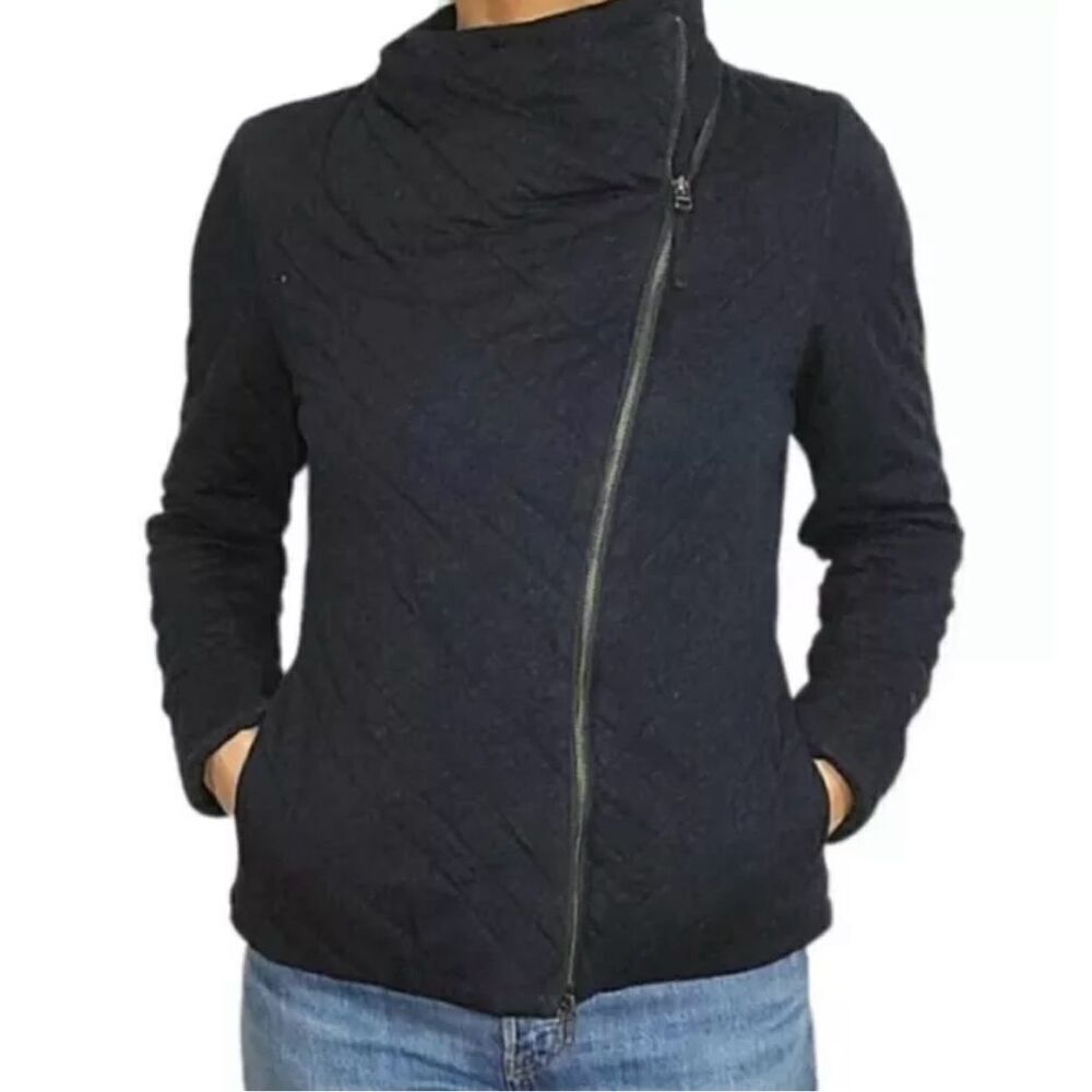 Eileen Fisher Organic Cotton Quilted Asymmetrical Zip Up Jacket size L Navy